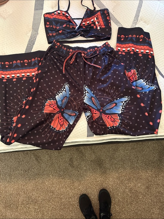 Pants - Black Butterfly Print Lounge Pants and bikini top